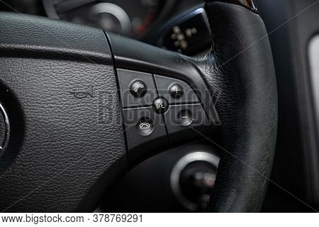 Novosibirsk/ Russia - July 18  2020: Mercedes Benz Gl-class,  Car Controller On Steerling Wheel ,mus