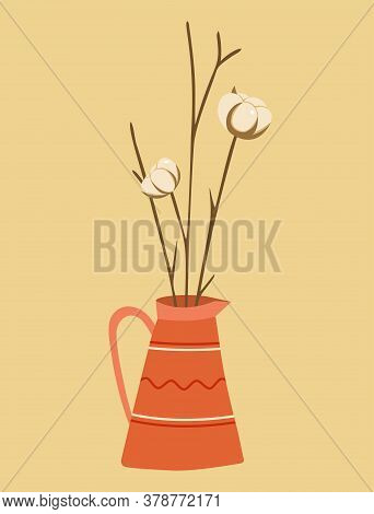 Vase With Cotton Plant. Home Garden. Elements Of A Cozy Home On Colored Background. Hygge Interior. 