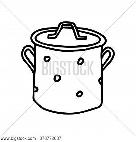 Black Hand Drawing Outline Illustration Of A Pan For Cooking Isolated On A White Background