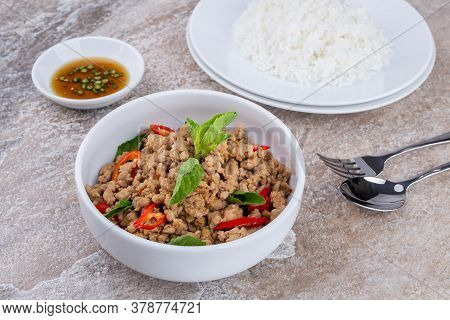 Stir-fried Minced Pork And Basil With Rice , Thai Famous Street Food
