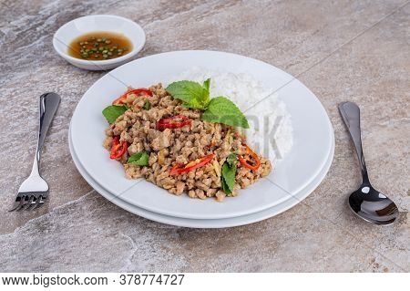 Rice Topped With Stir-fried Mince Pork And Basil , Thai Famous Street Food