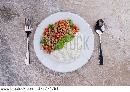 Rice Topped With Stir-fried Mince Pork And Basil , Thai Famous Street Food