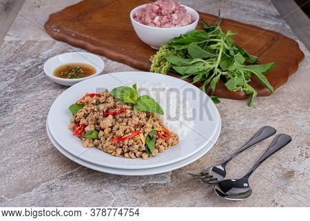Rice Topped With Stir-fried Mince Pork And Basil , Thai Famous Street Food