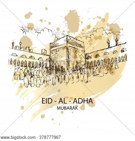 Eid Al Adha Mubarak With Hajj Kaaba And Mosque.