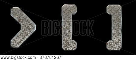 Set of symbols right angle bracket, left and right square bracket made of industrial metal on black background 3d rendering