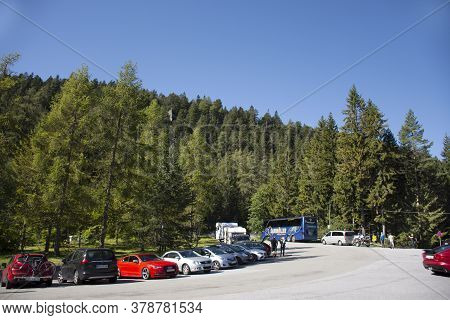 Austrian People And Foreign Travelers Stop Car In Parking For Travel Visit Viewpoint Of Blindsee Lak