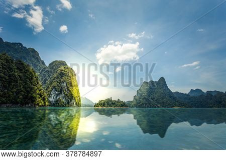 Ratchaprapa (cheow Lan) Dam In Khao Sok National Park, Thailand. Beautiful Panorama View Of Mountain