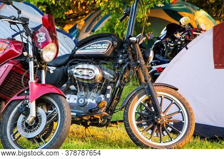 Senno, Belarus - 07.03.2015: Summer Open-air Motorcycle Festival, Motorcycles On A Sunset Background