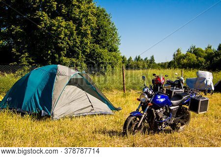 Senno, Belarus - 07.03.2015: Summer Open-air Motorcycle Festival, Motorcycles On A Sunset Background