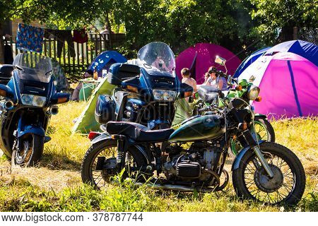 Senno, Belarus - 07.03.2015: Summer Open-air Motorcycle Festival, Motorcycles On A Sunset Background