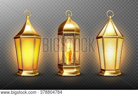 Vintage Gold Arabic Lanterns With Glowing Candles. Vector Realistic Set Of Hanging Luminous Lamps Wi