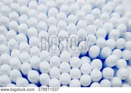 Ear Sticks With Blue Plastic On A White Background. Personal Hygiene And Self-care. Cosmetology And 
