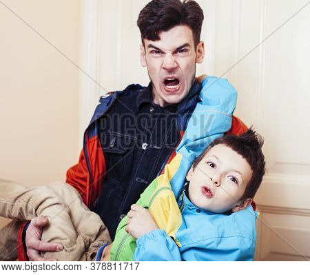 Faher And Son Together Having Fun At Home, Lifestyle Happy Family, People At Home