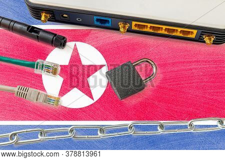 North Korea Internet Censorship And Security Concept. Flag In The Background Of The Internet Connect