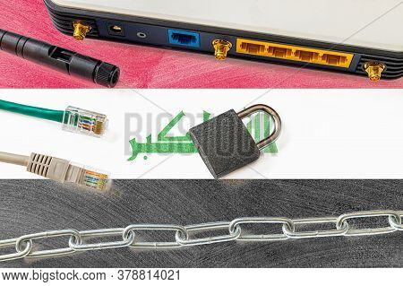 Iraq Internet Censorship And Security Concept. Flag In The Background Of The Internet Connection Swi