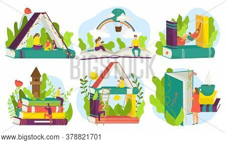 Reading Books Concept, Set Of Tiny People Readers With Huge Books Piled Up Vector Illustrations Flat