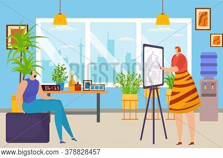 Art Studio, Artist Woman Sketching Models Portrait At Easel In Art Workshop, Canvas Drawing Picture 