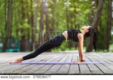 Female Trainer In Sportswear, Practicing Yoga Asanas, Doing The Reverse Plank