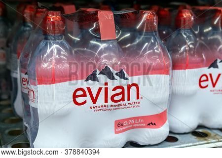 Tyumen, Russia-june 05, 2020: Evian Natural Mineral Water. Made In France. Half Life Bottle. In The 