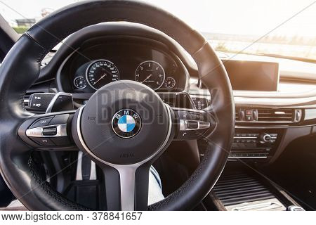 Varna, Bulgaria - May 20, 2020: The Interior Of Bmw X5 M50d, Steering Wheel. Bmw Is A German Automob