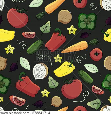 Vector Seamless Pattern With Vegetables. A Good Harvest In The Fall. For The Design Of Paper, Menu, 