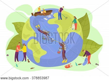 Eart Planet Ecology, Vector Illustration, Save World And Nature Environment Concept, People Characte