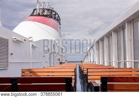 Tallinn, Harjumaa, Estonia, 02 July 2020 Viking Line Ferry, Open Deck Tables. High Quality Photo