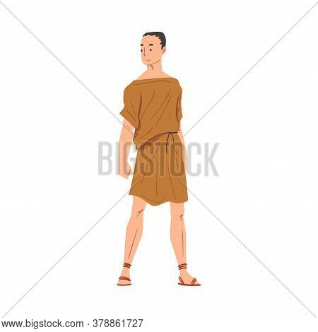 Roman Man In Traditional Clothes, Ancient Rome Plebeian Citizen Character In Tunic And Sandals Vecto
