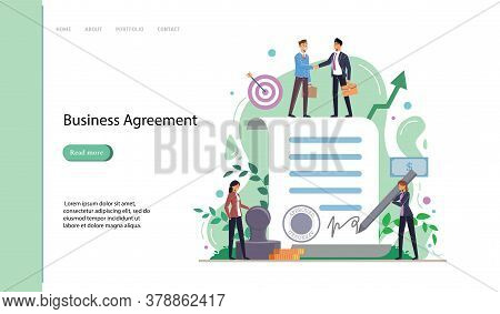 Business Agreement. People Standing On A Signed Contract. Vector Illustration