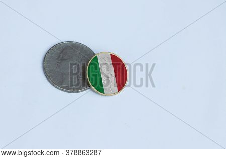 Italy Flag On The Coin Of Lire Money On White Background. Repvbblica Italiana, Lire Italia Money The