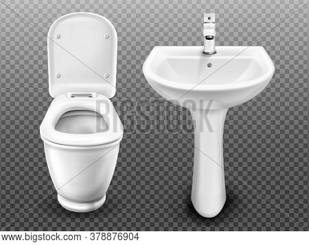 White Toilet Bowl And Sink For Bathroom, Modern Wc Or Restroom. Vector Realistic Ceramic Wash Basin 