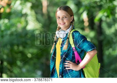 Wanderlust Gene Is A Real Thing. Happy Child Carry Backpack Natural Outdoors. Traveling And Wanderlu