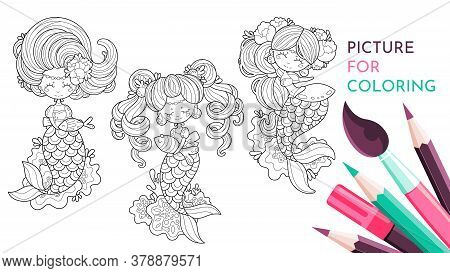 Cute Little Mermaids. A Set Of Contour Images. Page For Coloring Book, Greeting Card, Print And Post