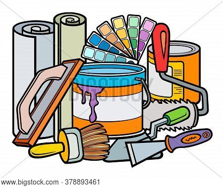 Cartoon Doodles Funny Hand Drawn Painting Instruments Illustration. Many Tools Objects Vector Backgr