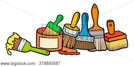 Cartoon Doodles Funny Hand Drawn Painting Instruments Illustration. Many Tools Objects Vector Backgr