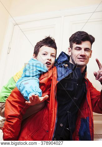 Faher And Son Together Having Fun At Home, Lifestyle Happy Family, People At Home