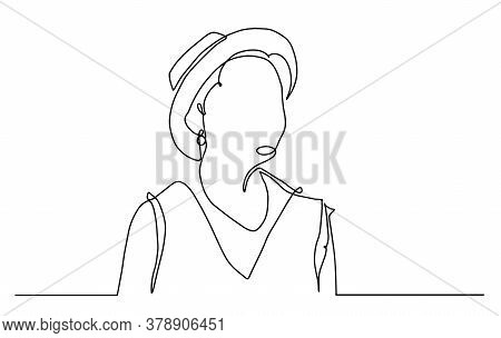 Woman In Hat Vector Line Art. Line Illustration. Minimalist Print. Black And White. Beauty Logo. Por