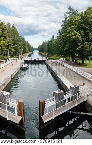 Asikkala, Finland - 16 July 2020: Vaaksy Canal Between Two Big Lakes Vesijarvi And Paijanne. Gateway