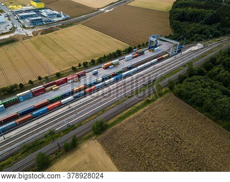 Ulm, Germany - July 26, 2020: Aerial Of The Container Terminal In Ulm, Germany With Rail Connection 