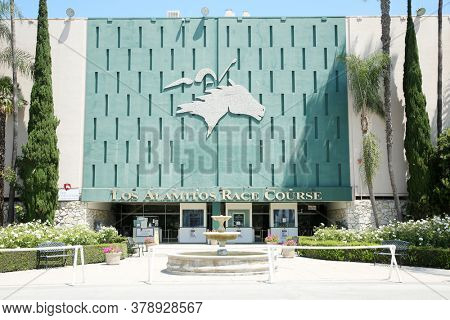 Los Alamitos, California / USA - 7-28-2020: Los Alamitos Race Course front entrance closed due to Coronavirus Restrictions of Public Events and Gathering. Editorial Use. Horse Race Track Entrance.  