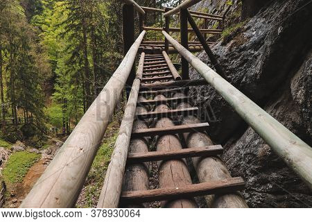 Very Dangerous Trail Along Wooden Ladders In The Southeast Of Austria In The Fischbach Alps To Top O