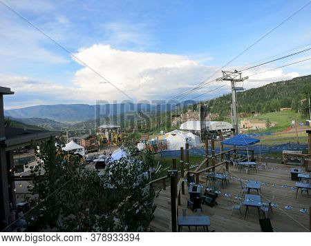 Colorado - July 1, 2015:  Outdoor Seating By Concert Field With Ski Lift During Wanderlust Festival 