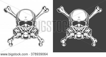 Vintage Monochrome Skull With Respirator And Crossed Bones Isolated Vector Illustration