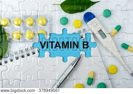 Double Exposure. Puzzles With The Image Of Tablets, A Notebook, A Thermometer And A Pen With The Ins