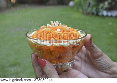 Side View Of Gajar Ka Halwa, Or Carrot Halwa A Popular Indian, Pakistani Sweet Dish Dessert, Made Of