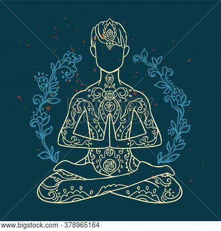 Ornament Beautiful Card With Yoga Man. Geometric Element Hand Drawn.