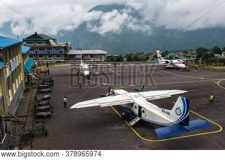 Lukla, Nepal : September-29-2018 : The Aircraft On The Runway Of Tenzing-hillary Airport, The Most D