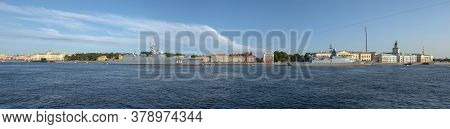 Saint Petersburg, Russia - July 25, 2019: Panorama Of The Neva With Warships. Preparations For The C