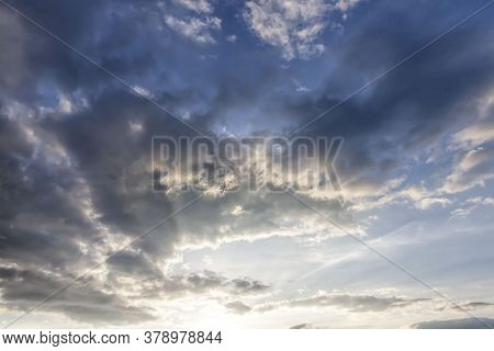 Beautiful Cloudy Sky During Sunset Or Dawn, Natural Phenomena, The Sun At Sunset Or Dawn Changes Col