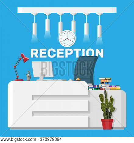 Modern Reception Interior. Hotel, Hospital Clinic Or Business Office Reception Desk. Lobby Or Waitin